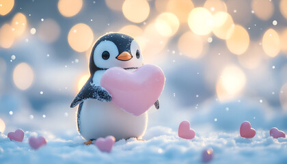 Obraz premium Adorable penguin chick holding heart in snowy landscape with heart shaped lights