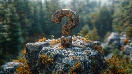 Stone question mark on a rocky outcrop overlooking a forest
