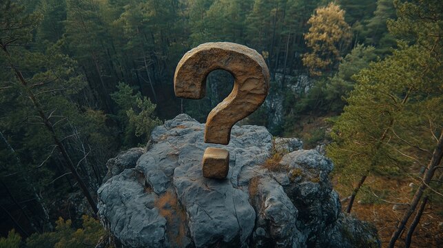Stone question mark on a rocky outcrop overlooking a forest