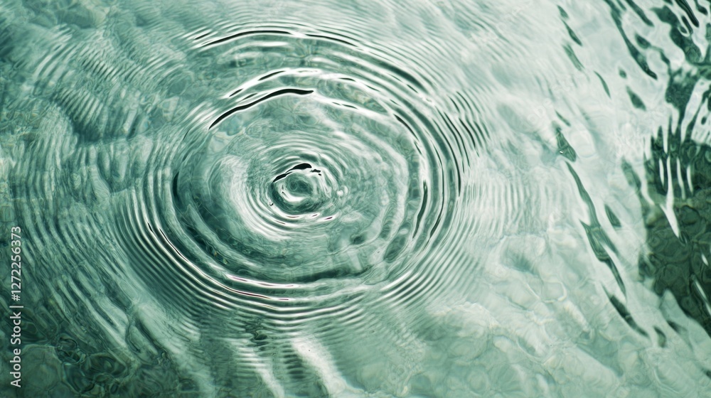 Poster Gentle ripples radiate from a single point on a light green surface, captivating the viewer with their soothing patterns under the soft morning light