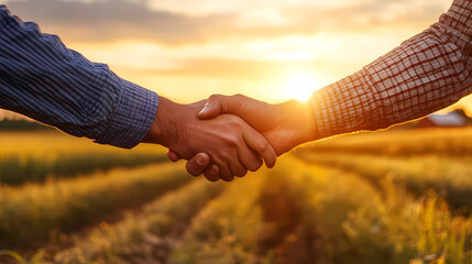 Sunrise Deal: A firm handshake seals a deal at dawn, with the sun casting a warm glow over a field. Illustrating partnership, agreement, and successful business.
