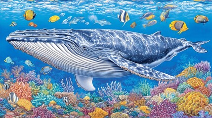 Majestic Whale in Vibrant Coral Reef Underwater Scene