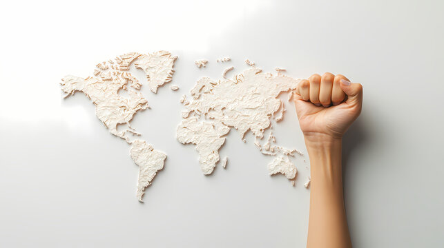 Global Solidarity: A clenched fist hovers over a textured world map, a symbol of strength, unity, and global awareness. Conveying concepts like activism and empowerment