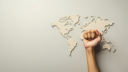 Hand of Solidarity: A clenched fist raised in solidarity against a world map, symbolizing global unity, cooperation, and the collective power to make a difference.