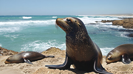 Naklejka premium Coastal Sea Lion Resting on Rocky Shore, Ocean Waves Crashing, Wildlife Conservation
