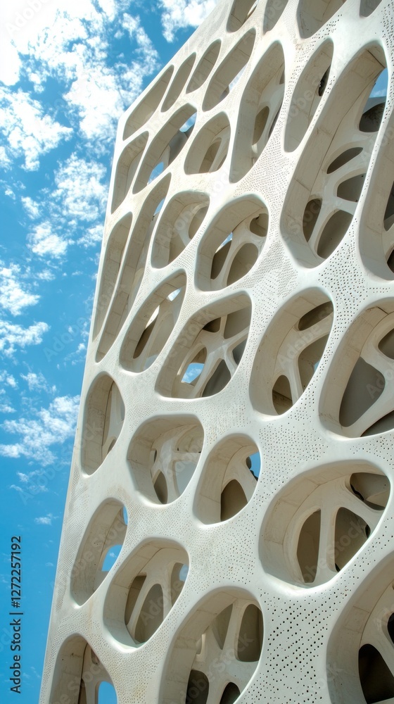 Poster a striking wall of a modern building displays a unique design of perforated shapes, adding an artist