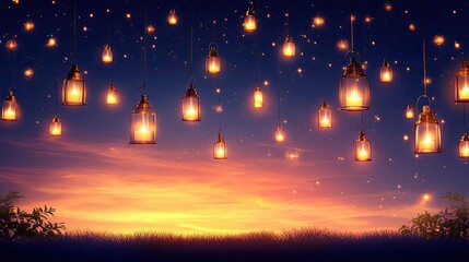 Naklejka premium Illuminated lanterns float against a mesmerizing sunset sky scene