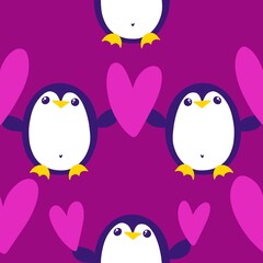Valentines cute animals in love seamless penguin and heart pattern for 14 February wrapping paper and fabrics