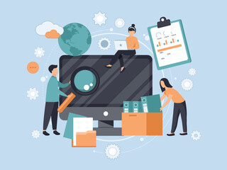 Office workers organizing data storage and file archive on server or computer. PC users searching documents on database. Vector illustration for information technology, source concept