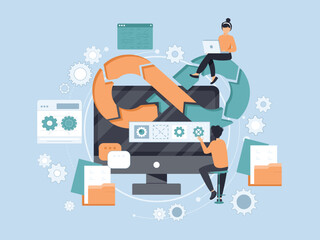 DevOps developers work with computers scene. DevOps engineers web design with people. Development operations composition in flat style. Vector illustration for social media promotional materials.