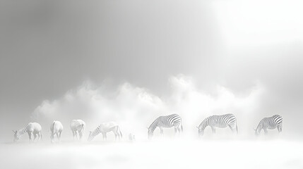 Majestic zebras grazing in a misty, ethereal landscape