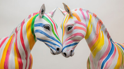 A close-up of two horses with bold, colorful stripe patterns, resembling a painter's brushstrokes