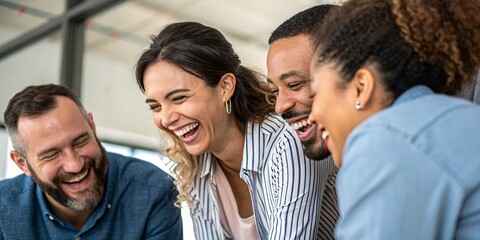 Obraz premium A diverse group of professionals bonding over laughter during a workplace meeting