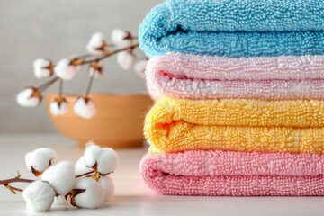 Colorful towels with cotton on white surface. Neural network AI generated