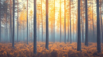 Obraz premium Golden Sunrise In A Misty Pine Forest