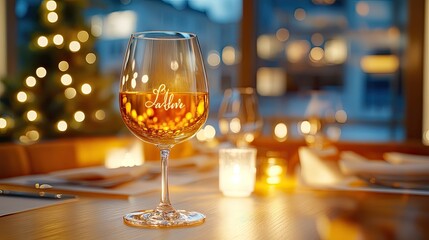 Wine glass on elegant table setting with christmas tree