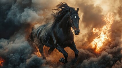 Obraz premium Majestic Black Horse Running Amidst Fire and Smoke
