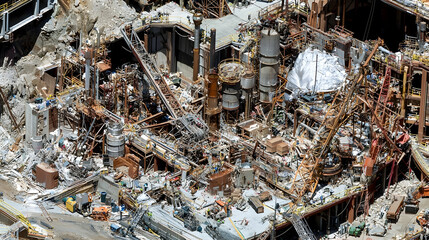Aerial view of industrial plant demolition, workers dismantling rusty equipment amidst debris, sunny day