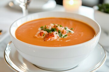 Creamy lobster bisque garnished with chives in an elegant white bowl