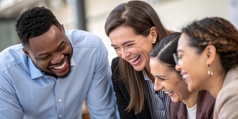 Obraz premium Multiethnic group of colleagues sharing a fun and engaging discussion at work