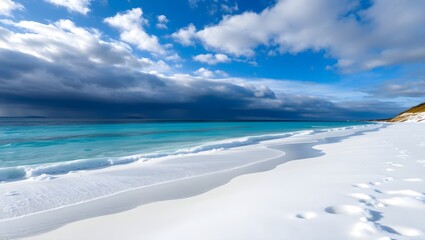 A serene beach scene featuring soft, white sand, gentle waves, and a vibrant blue sky with clouds.