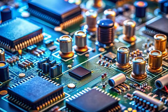 High-Detail Close-up of Electronic Components, Circuit Board, Microchips, Technology Hardware