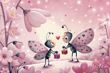 Cute butterflies exchanging gift in flower garden at night