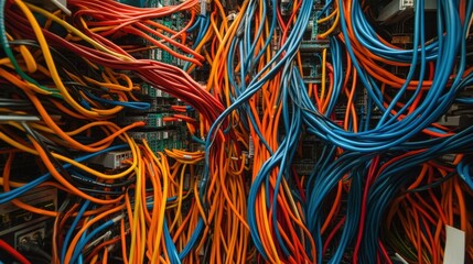 Numerous colorful network cables are intertwined, creating a complex and visually stimulating representation of modern data flow and connectivity within a server room environment