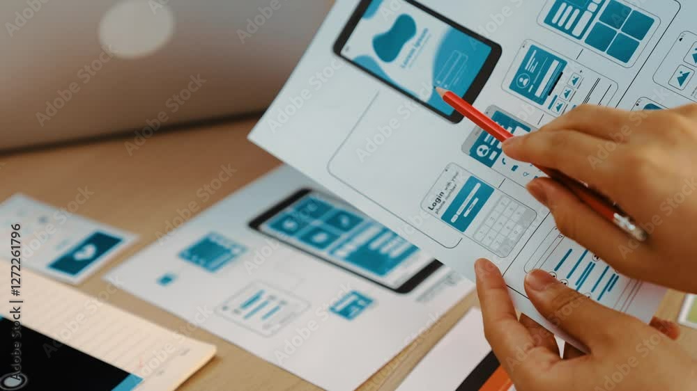Wall mural excellent startup company employee presenting user interface prototype for mobile application to sma