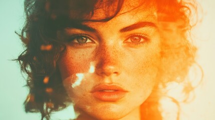 Fototapeta premium Close-up portrait of a young woman with freckles and curly hair, bathed in warm, golden light. A dreamy, ethereal mood.