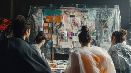 A group of creative professionals gathers around a mood board filled with color palettes and fabric samples debating the ideal ensemble for an upcoming scene while an actor lounges