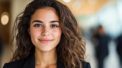 Portrait of a young Hispanic woman with long, wavy brown hair, smiling softly.