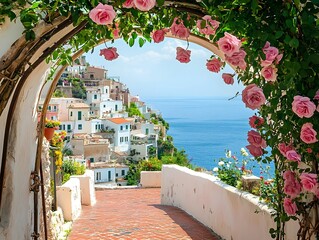 Fototapeta premium A white arch with pink roses frames a cliffside path, an ocean, and a quaint town in southern Italy