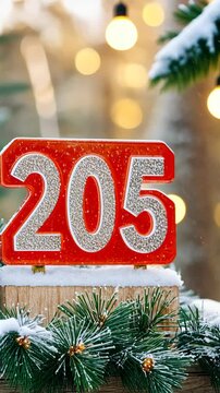 Sparkling red house number 205 adorned with festive greenery and snow in a winter wonderland setting