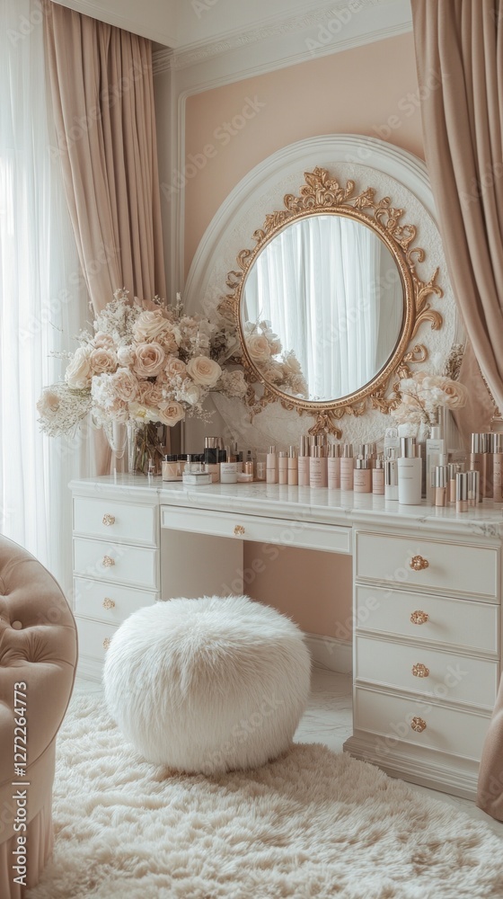 Poster soft natural light floods a chic dressing room featuring a white desk with an ornate mirror. plush d