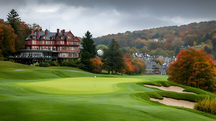 Autumnal golf course putting green, grand mansion, hilly landscape, overcast sky; luxury resort advertising