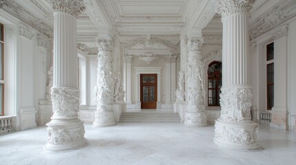 Elegant white palace hall; classical columns, marble floor; serene background; interior design inspiration
