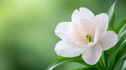Obraz premium Elegant white peony blossom with light green background shown closely