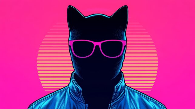 Cool cat in 80s style sunglasses, neon pink background. Retro vibe.