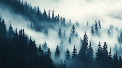 Obraz premium Misty Mountain Forest Of Evergreen Trees