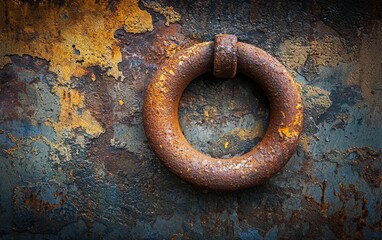 Old rusty ring mounted on a weathered metal surface in an industrial setting showcasing years of wear and decay