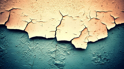 Peeling paint on a wall;  Cracked, weathered,  light beige and teal colored exterior.  Background shows a gradient of colors. Use for grunge, aging, or abandoned themes