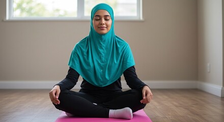 Woman Meditating Indoors Wearing Hijab for Wellness and Peaceful Lifestyle