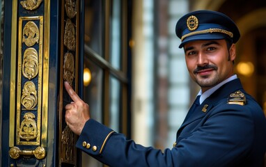 Obraz premium Officer in uniform smiling and welcoming visitors at a historic building entrance in a vibrant city