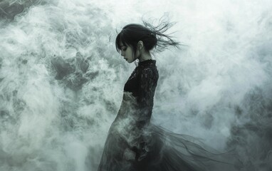 Obraz premium Mysterious figure in flowing dress surrounded by ethereal mist at twilight