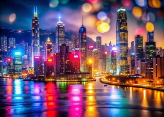 Obraz premium Hong Kong Night Skyline Bokeh - Vibrant City Lights and Blurred Background
