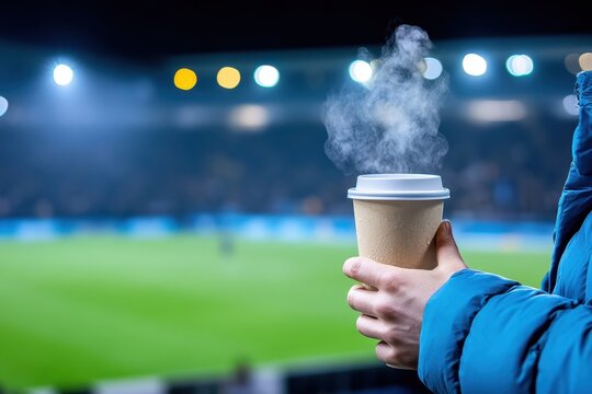 Steaming hot beverage in hand at a sporting event, with a blurred stadium in the backdrop.