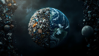 Earth's Divided Fate: A dramatic visual of Earth halved, one side pristine and the other overwhelmed by trash, emphasizing environmental issues and pollution.