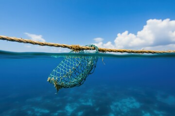 Fototapeta premium A rope with fishing net hangs over the ocean surface, partially submerged in the blue water below.