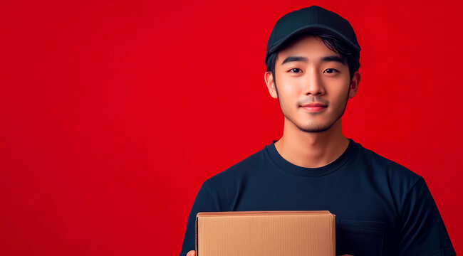 Handsome Asian delivery person holding a cardboard box against a vibrant red backdrop for online shopping and shipping service promotion